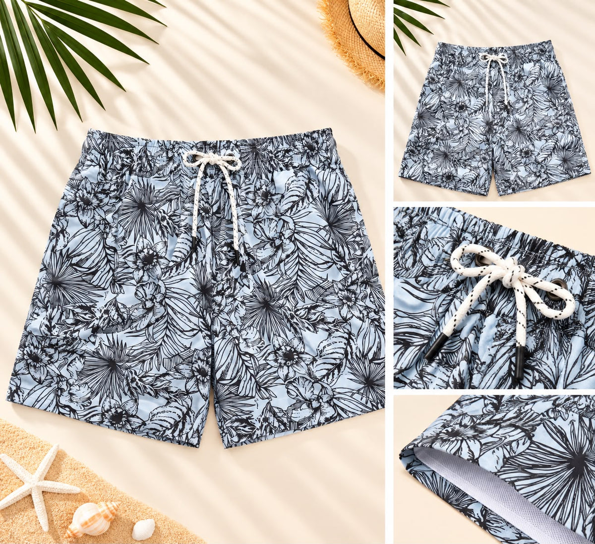 Tropical Floral Print Drawstring Shorts – Light Blue & Black