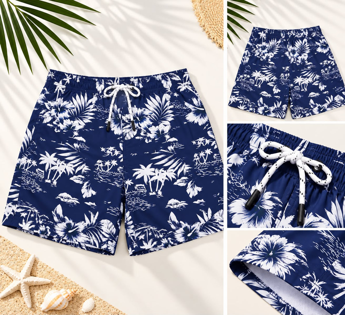 Hawaiian Print Drawstring Shorts – Navy & White