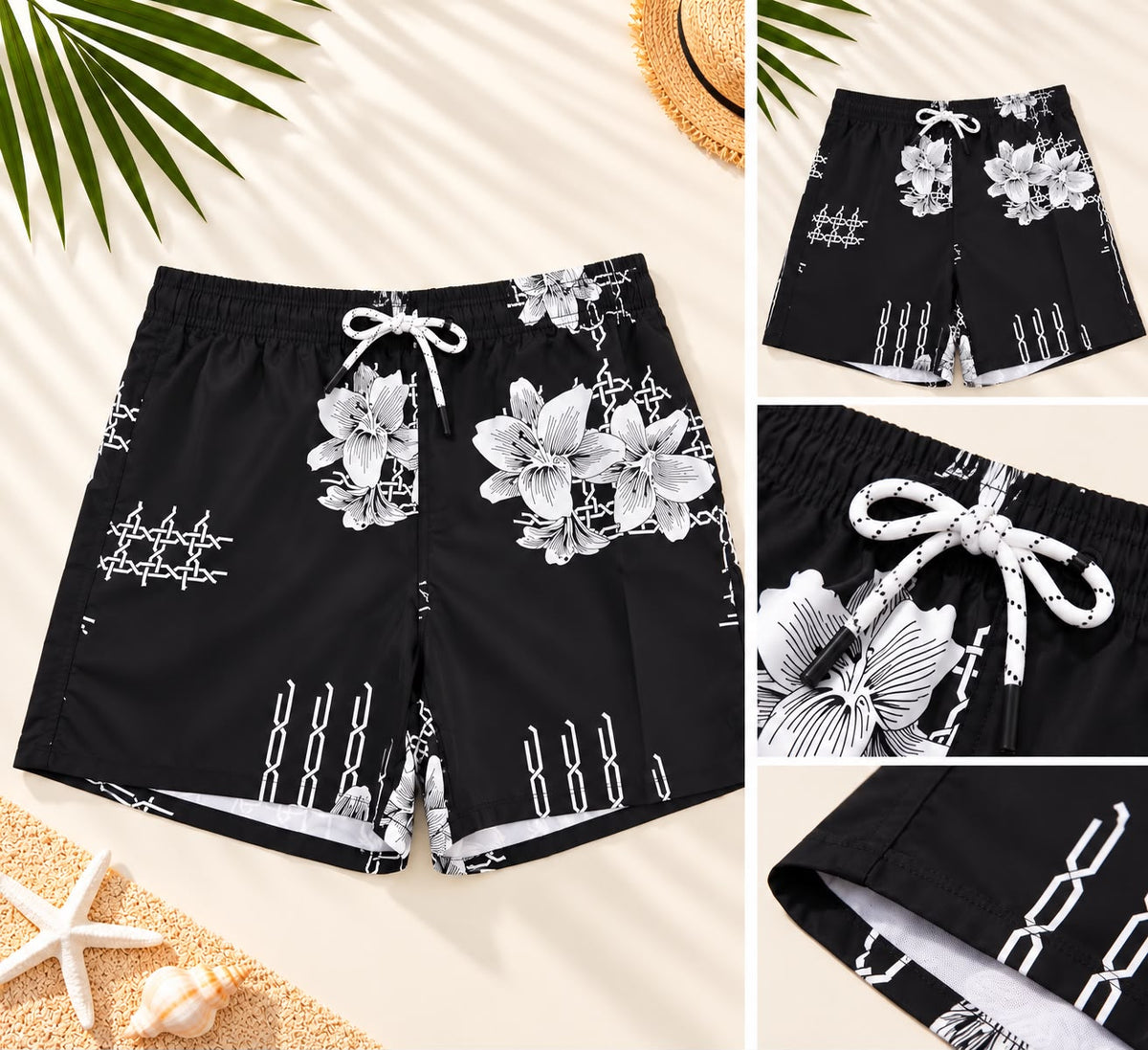 Floral & Geometric Print Drawstring Shorts – Black & White