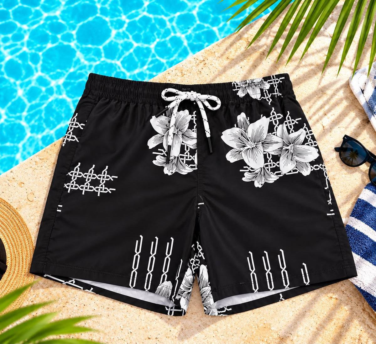 Floral & Geometric Print Drawstring Shorts – Black & White
