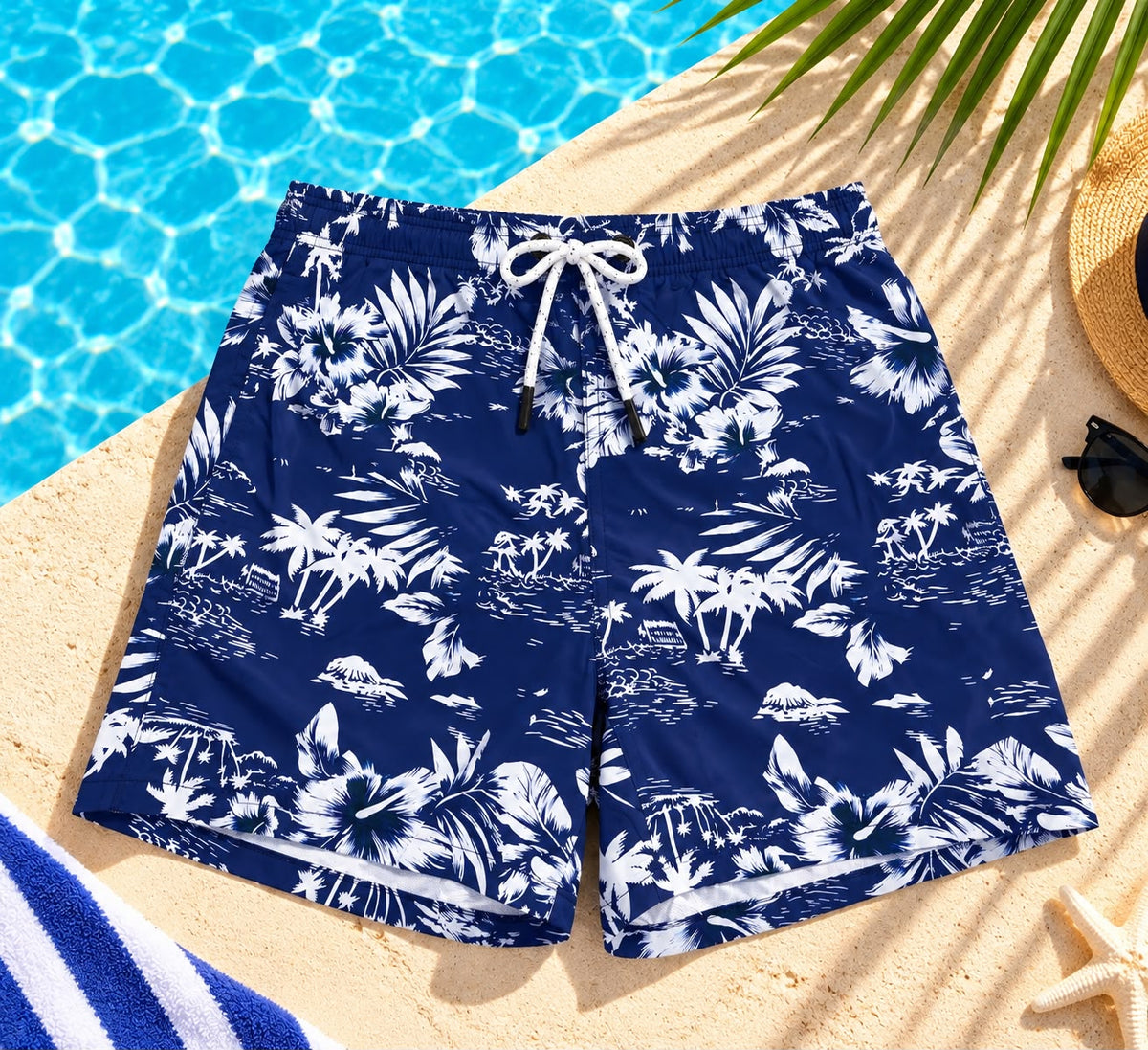 Hawaiian Print Drawstring Shorts – Navy & White