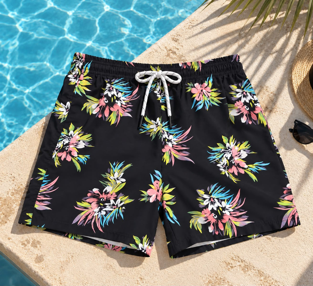 Colourful Floral Print Drawstring Shorts – Black