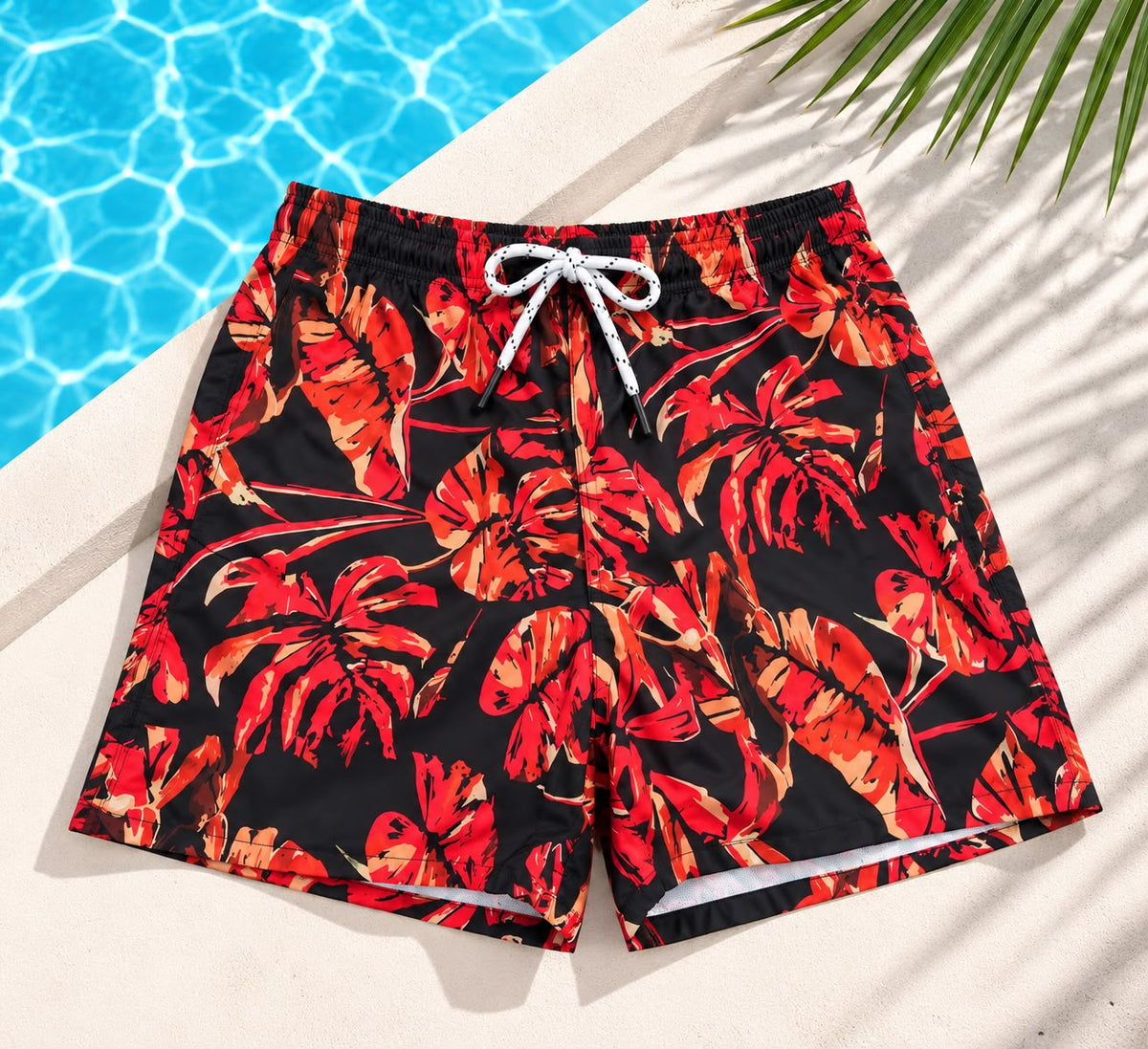 Tropical Leaf Print Drawstring Shorts – Black & Red