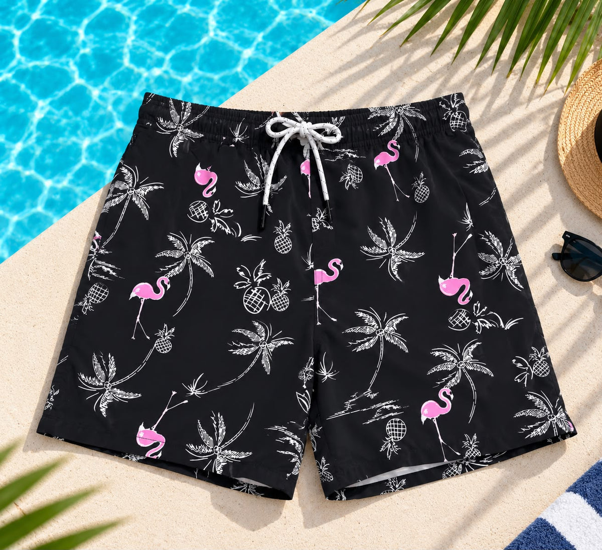 Flamingo & Tropical Print Drawstring Shorts – Black