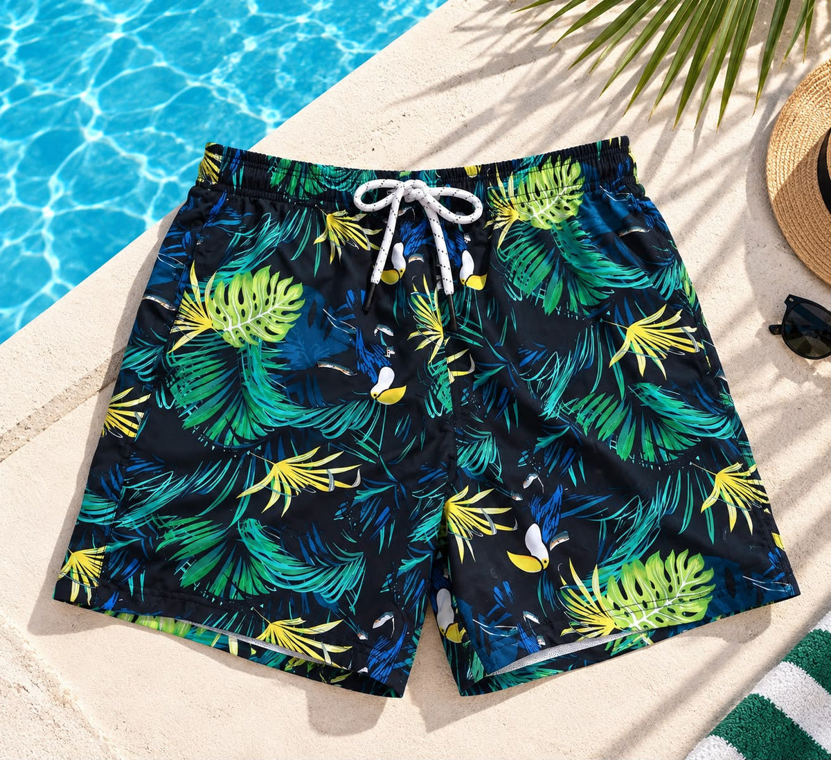 Toucan & Tropical Leaf Print Drawstring Shorts – Black