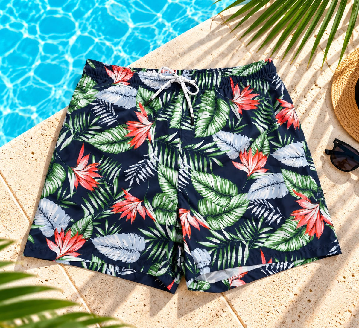 Mens Beach Shorts LR1-16 Black Red Flower
