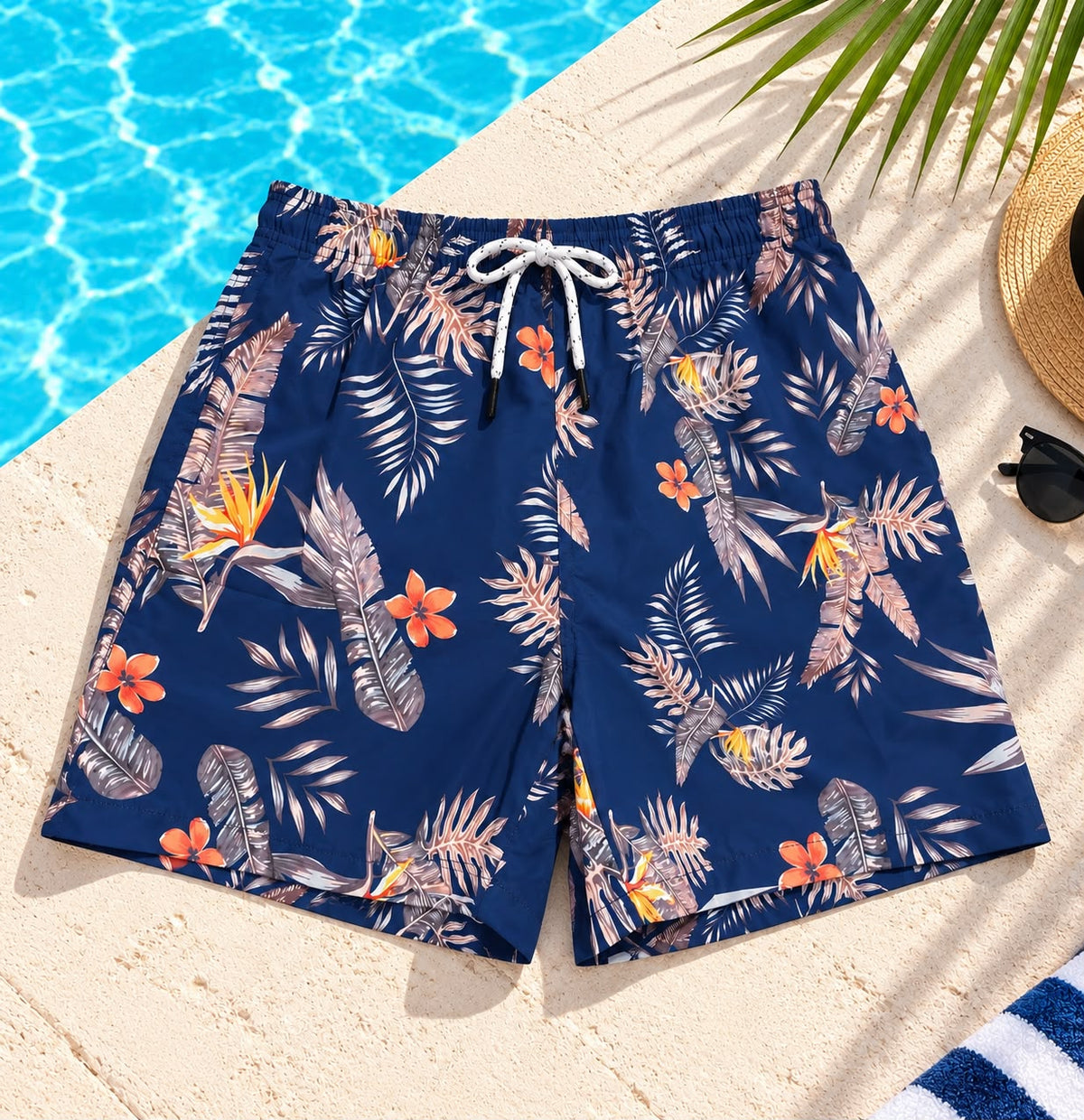 Tropical Botanical Print Drawstring Shorts – Navy