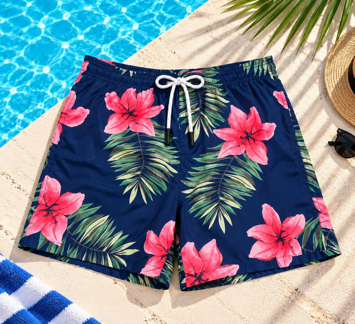 Men’s Tropical Floral Drawstring Shorts – Navy