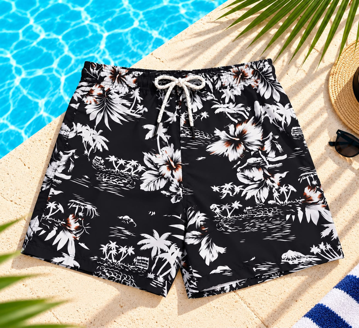Hawaiian Print Drawstring Shorts – Black & White