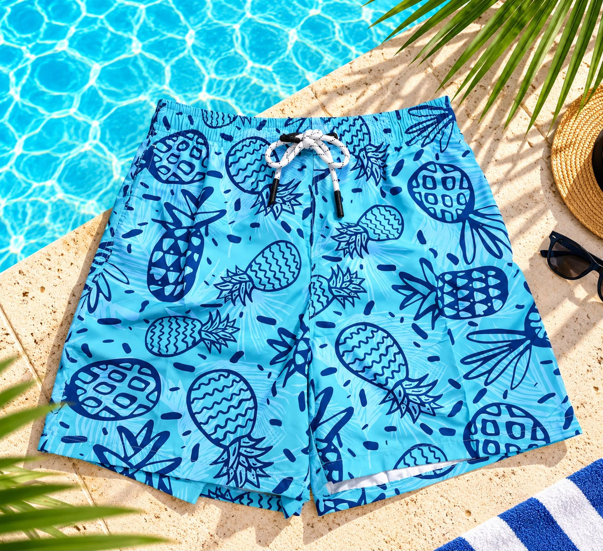 Pineapple Print Drawstring Shorts – Aqua Blue