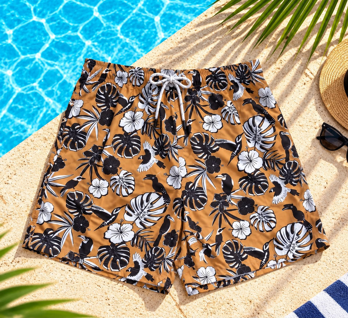 Tropical Bird Print Drawstring Shorts – Mustard