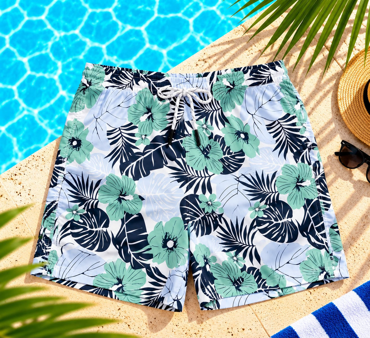 Hibiscus Print Drawstring Shorts – Mint & Navy