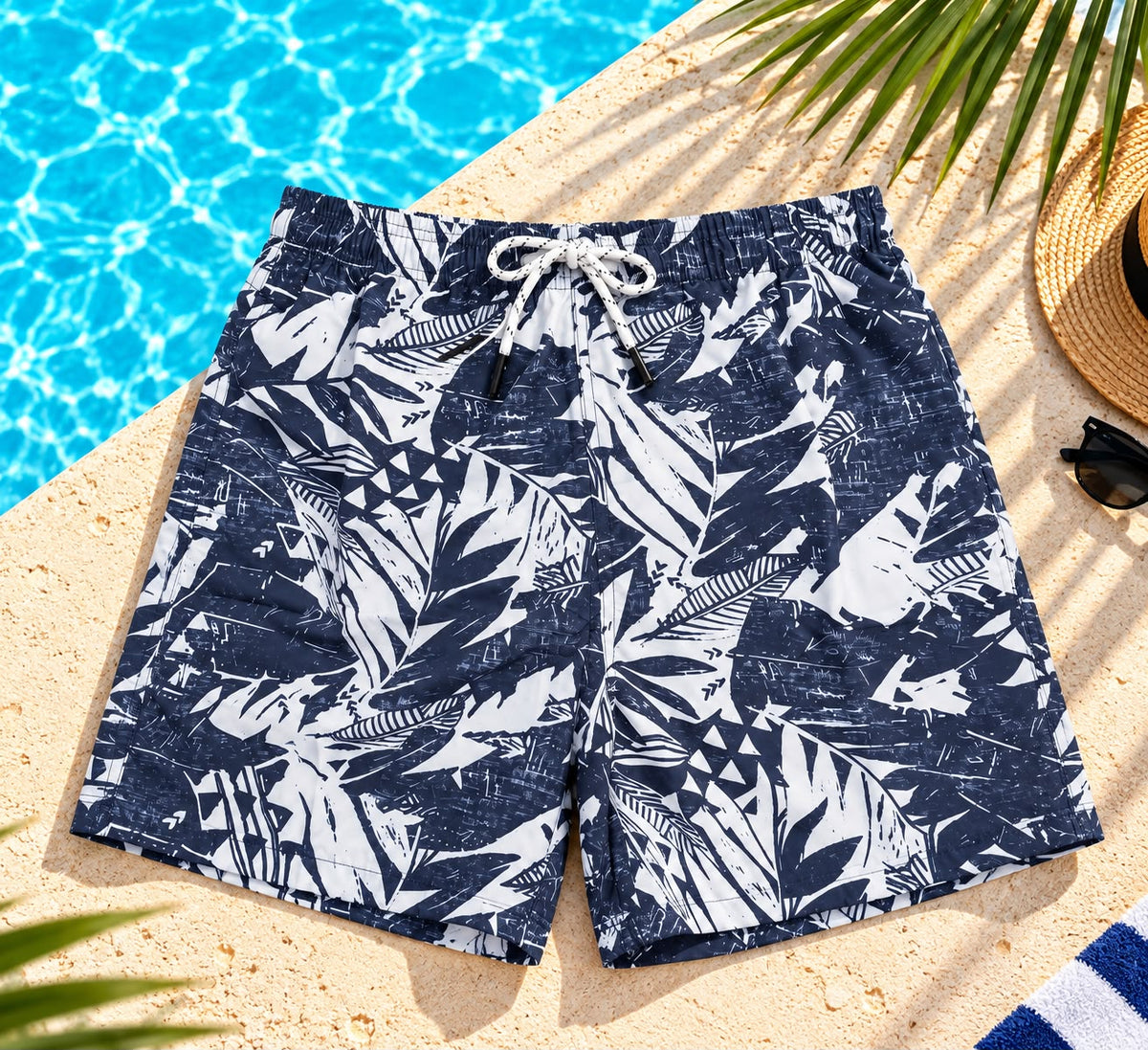 Abstract Leaf Print Drawstring Shorts – Navy & White