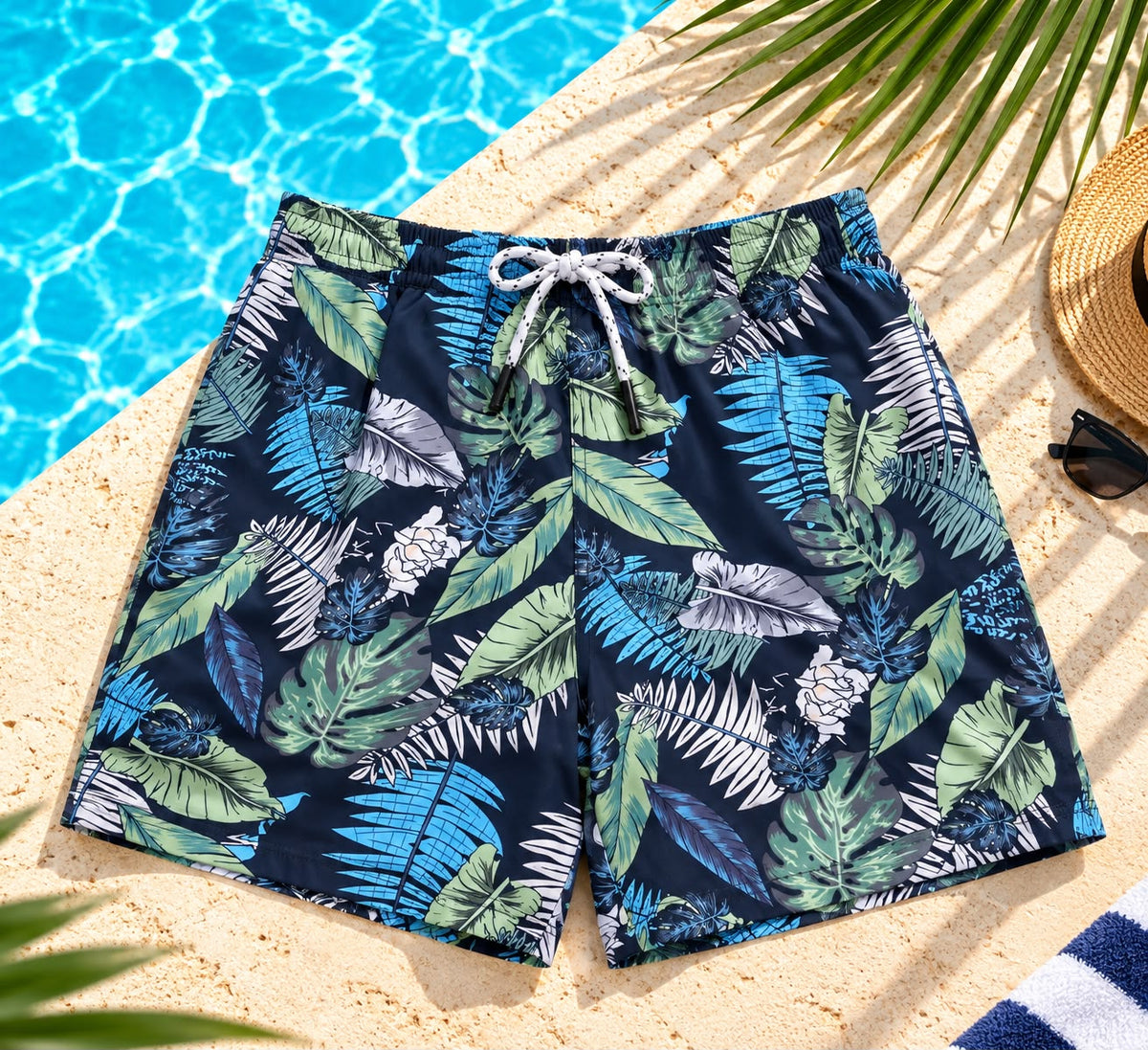 Tropical Leaf Print Drawstring Shorts – Navy