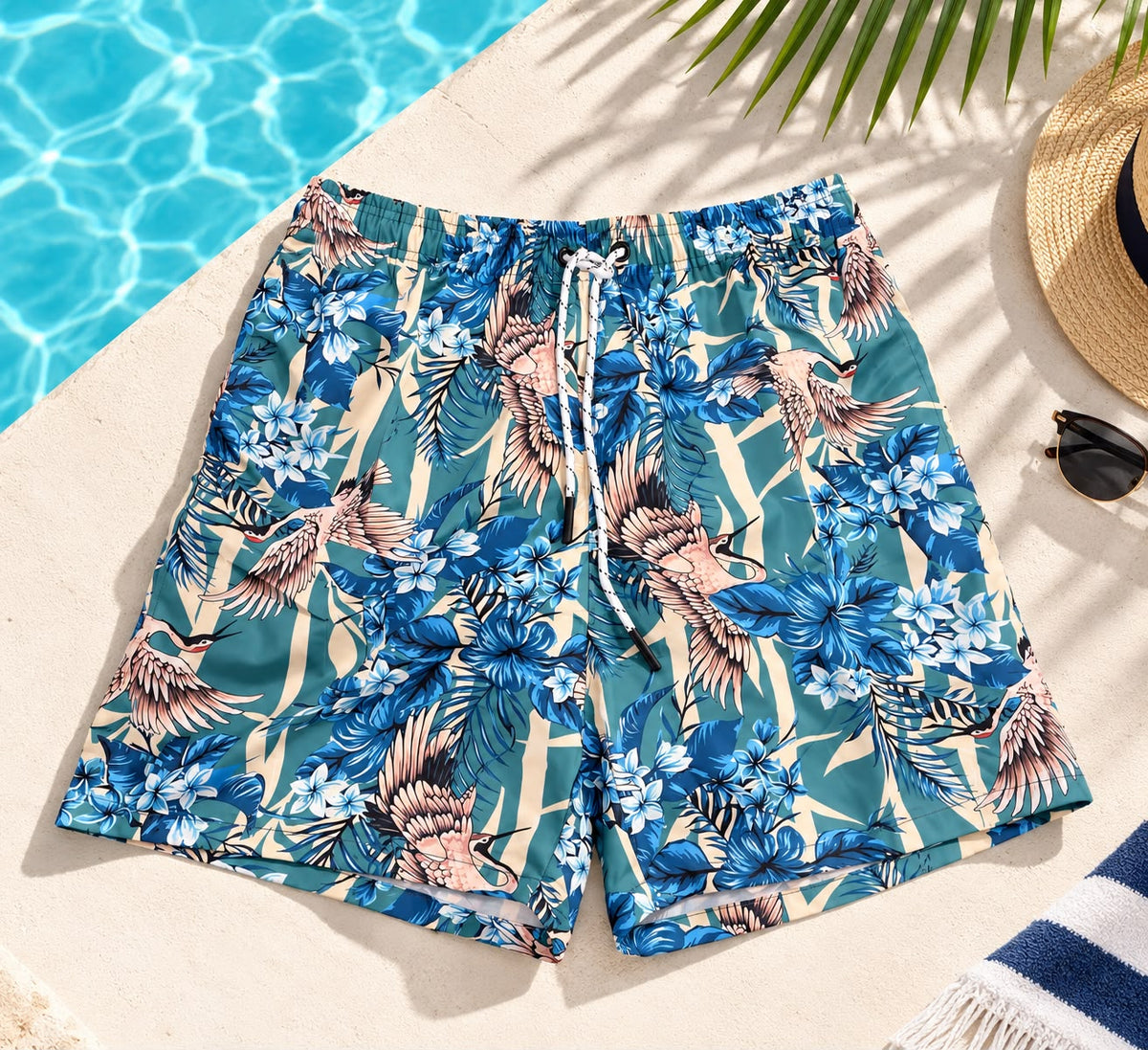 Crane & Floral Print Drawstring Shorts – Teal