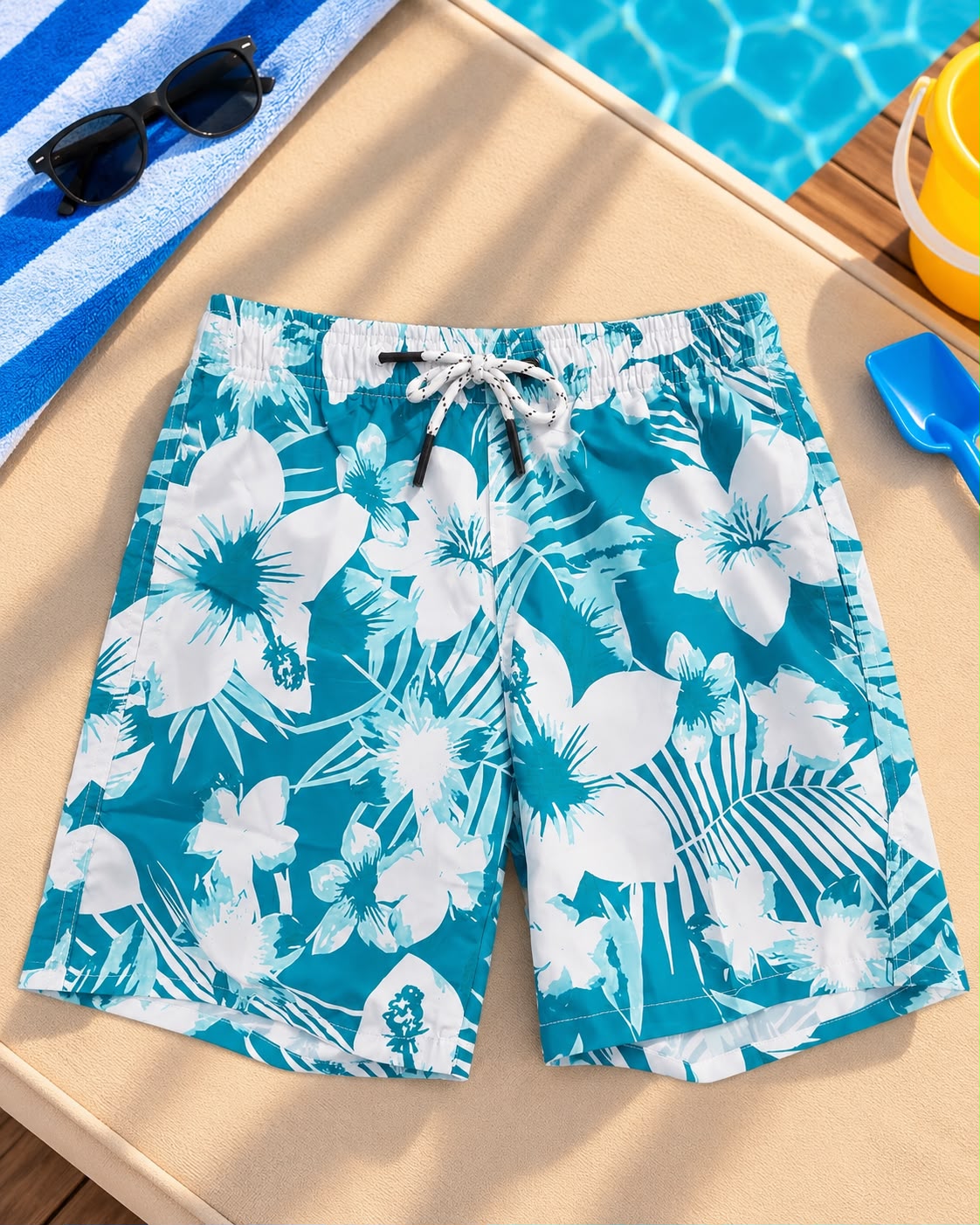Kids’ Tropical Floral Beach Shorts – Turquoise & White