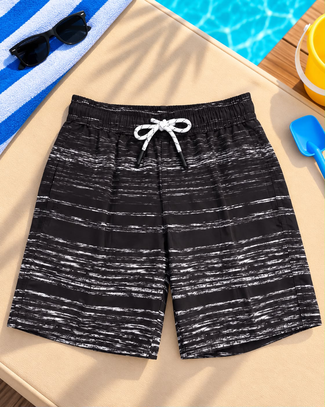 Kids’ Stripe Print Beach Shorts – Black & White