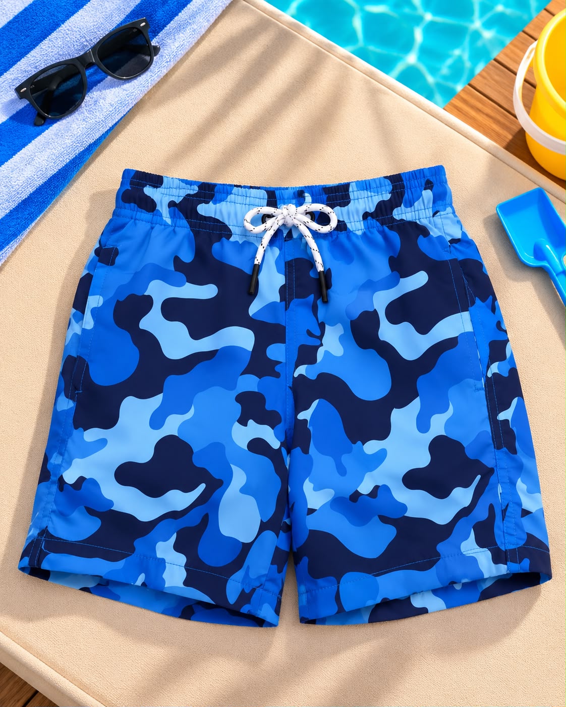 Kids’ Camo Print Beach Shorts – Blue