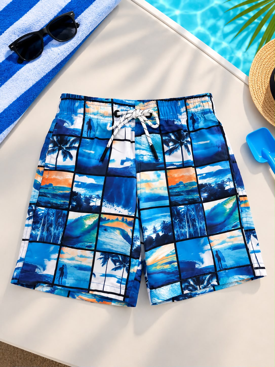 Kids’ Surf & Sunset Print Beach Shorts – Blue