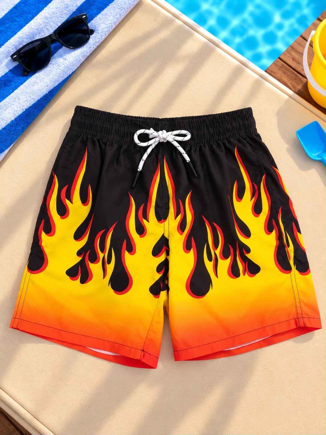 Kids’ Flame Print Beach Shorts – Black & Orange