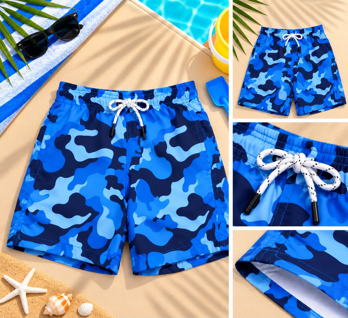 Kids’ Camo Print Beach Shorts – Blue