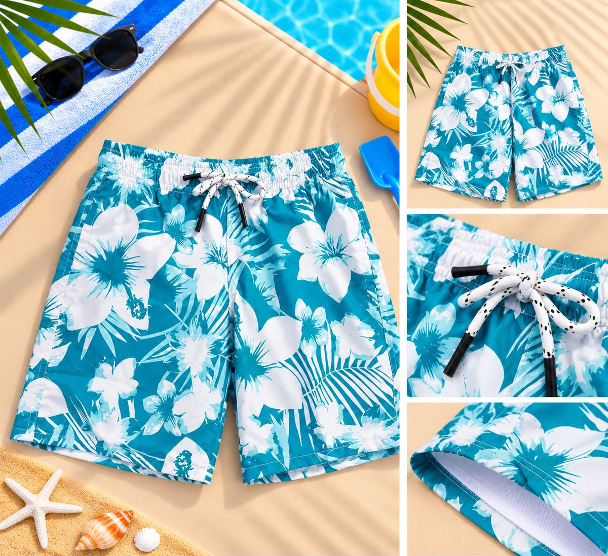 Kids’ Tropical Floral Beach Shorts – Turquoise & White