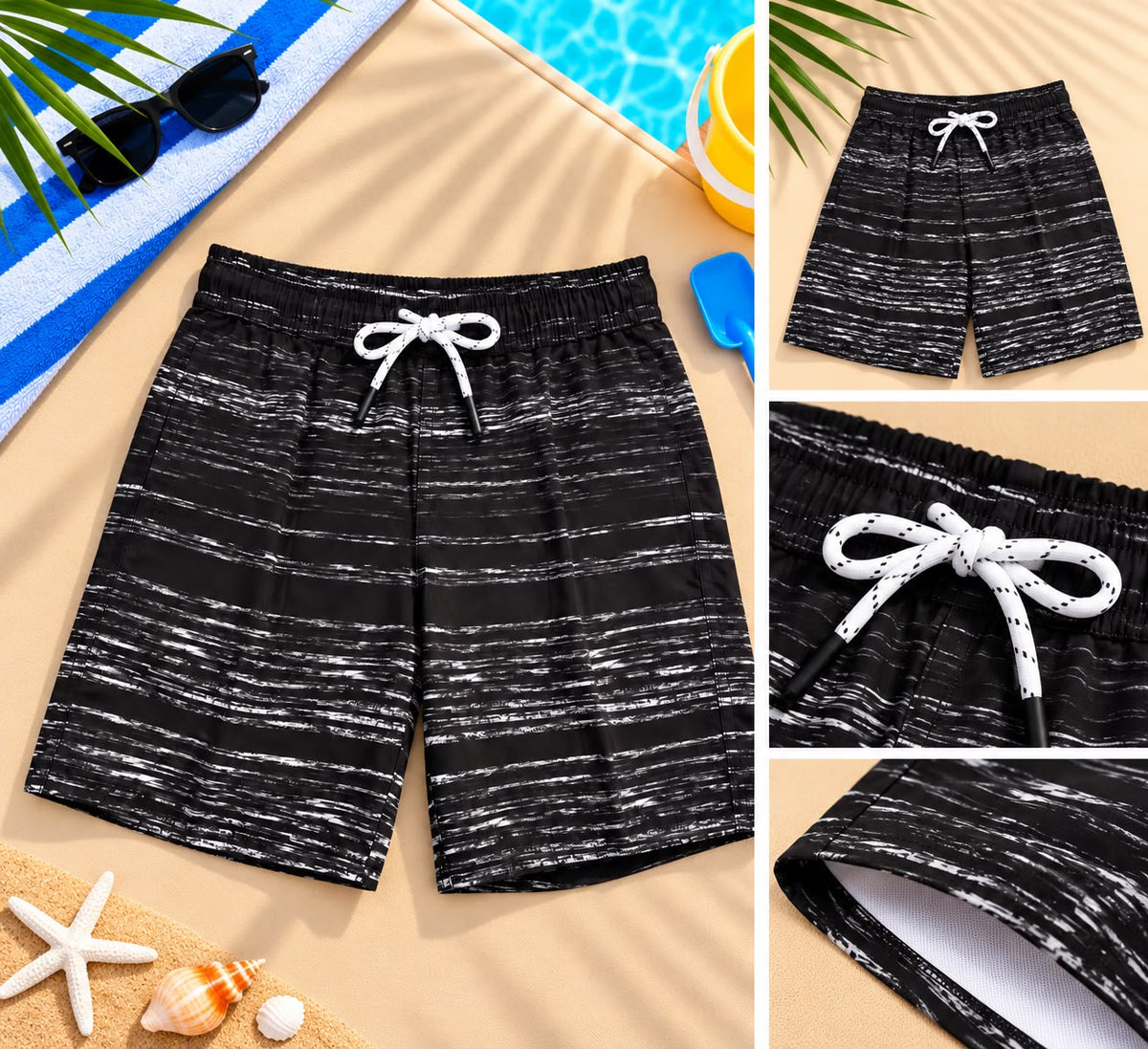 Kids’ Stripe Print Beach Shorts – Black & White