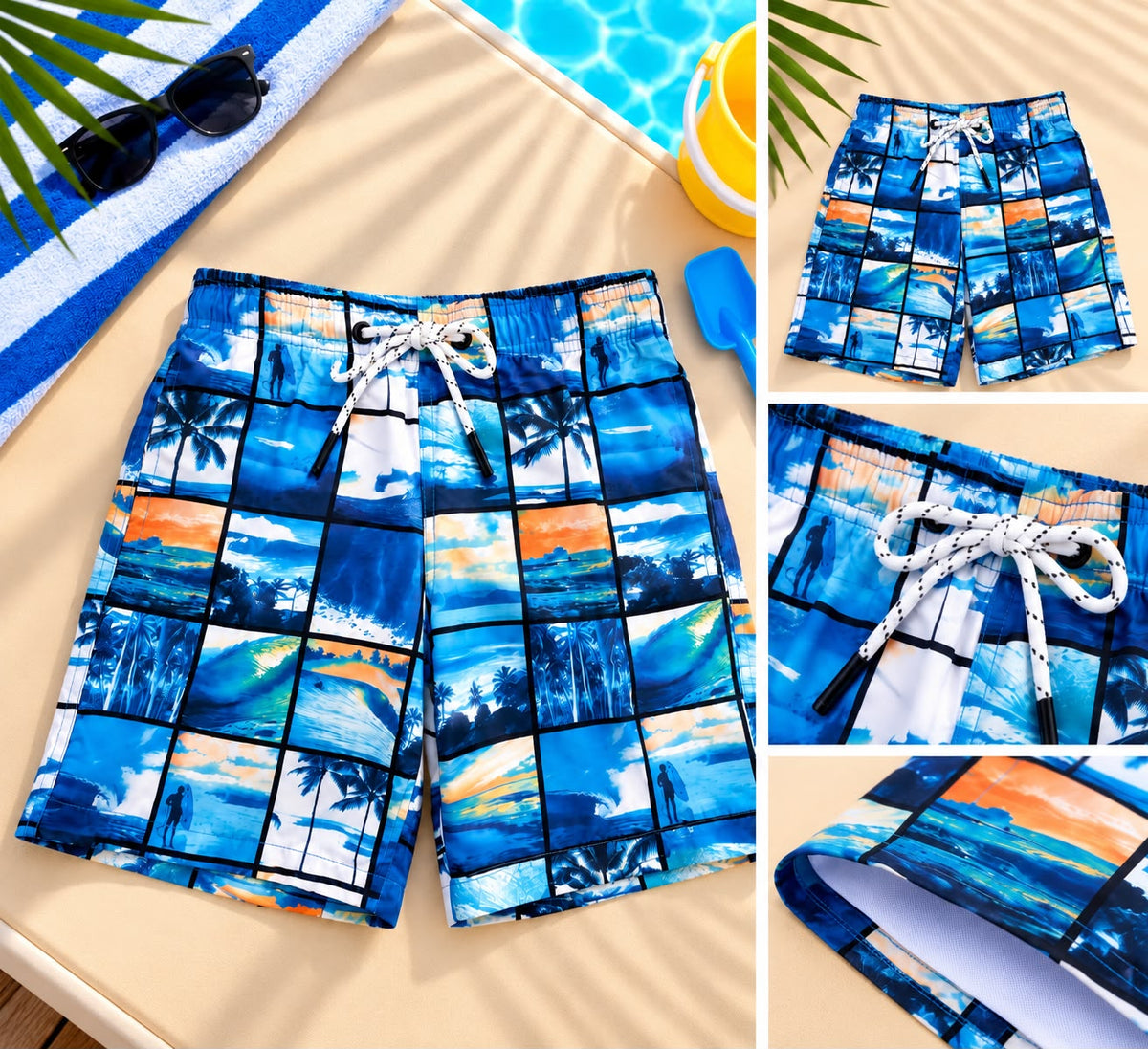 Kids’ Surf & Sunset Print Beach Shorts – Blue