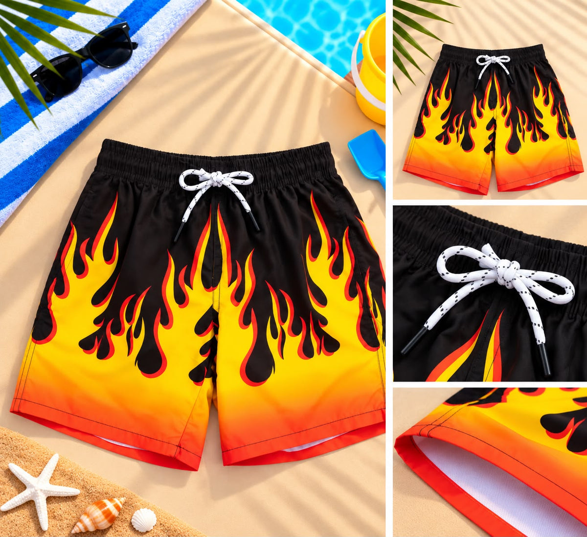 Kids’ Flame Print Beach Shorts – Black & Orange