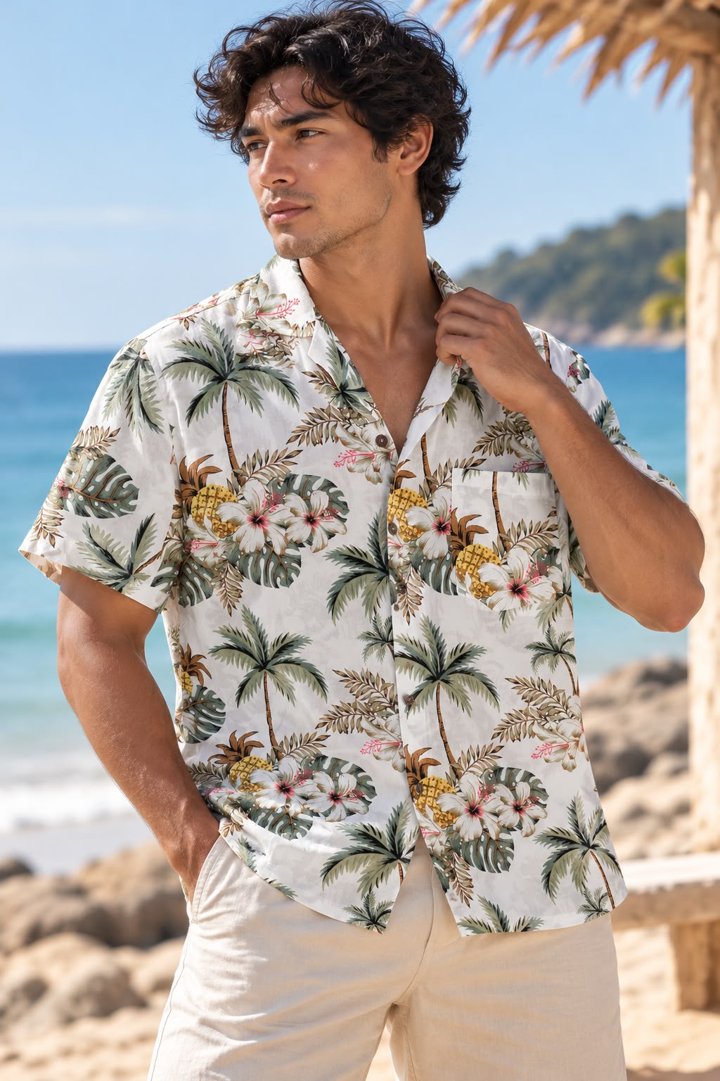 Men’s Tropical Pineapple & Hibiscus Print Beach Shirt – White