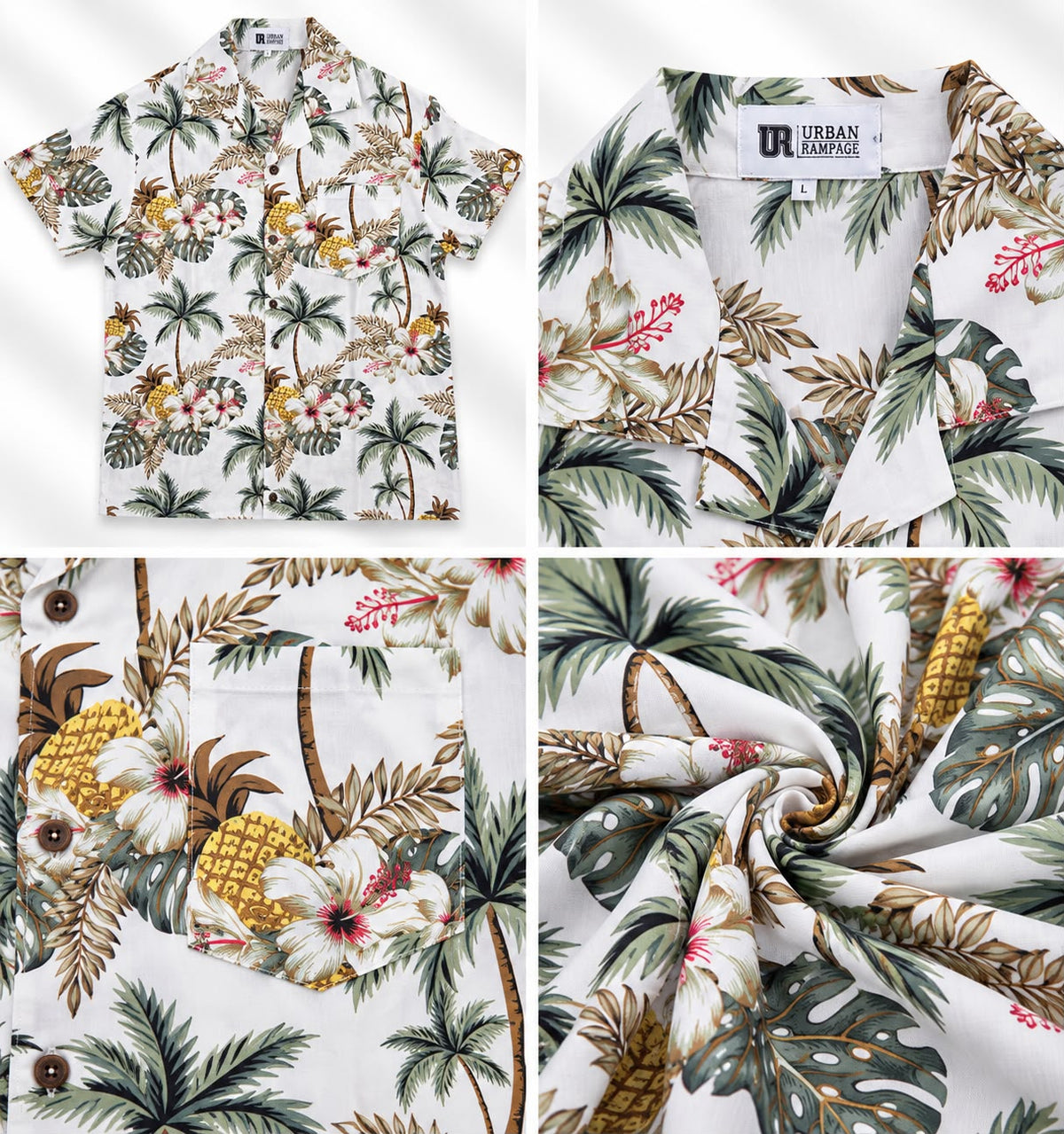 Men’s Tropical Pineapple & Hibiscus Print Beach Shirt – White