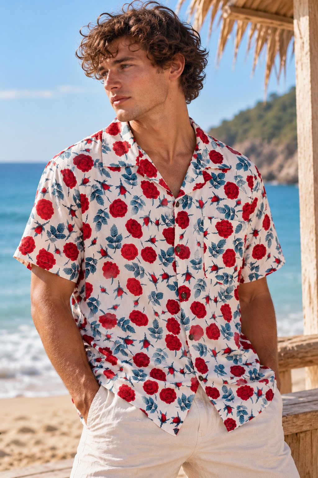 Men’s Red Rose Print Beach Shirt – White
