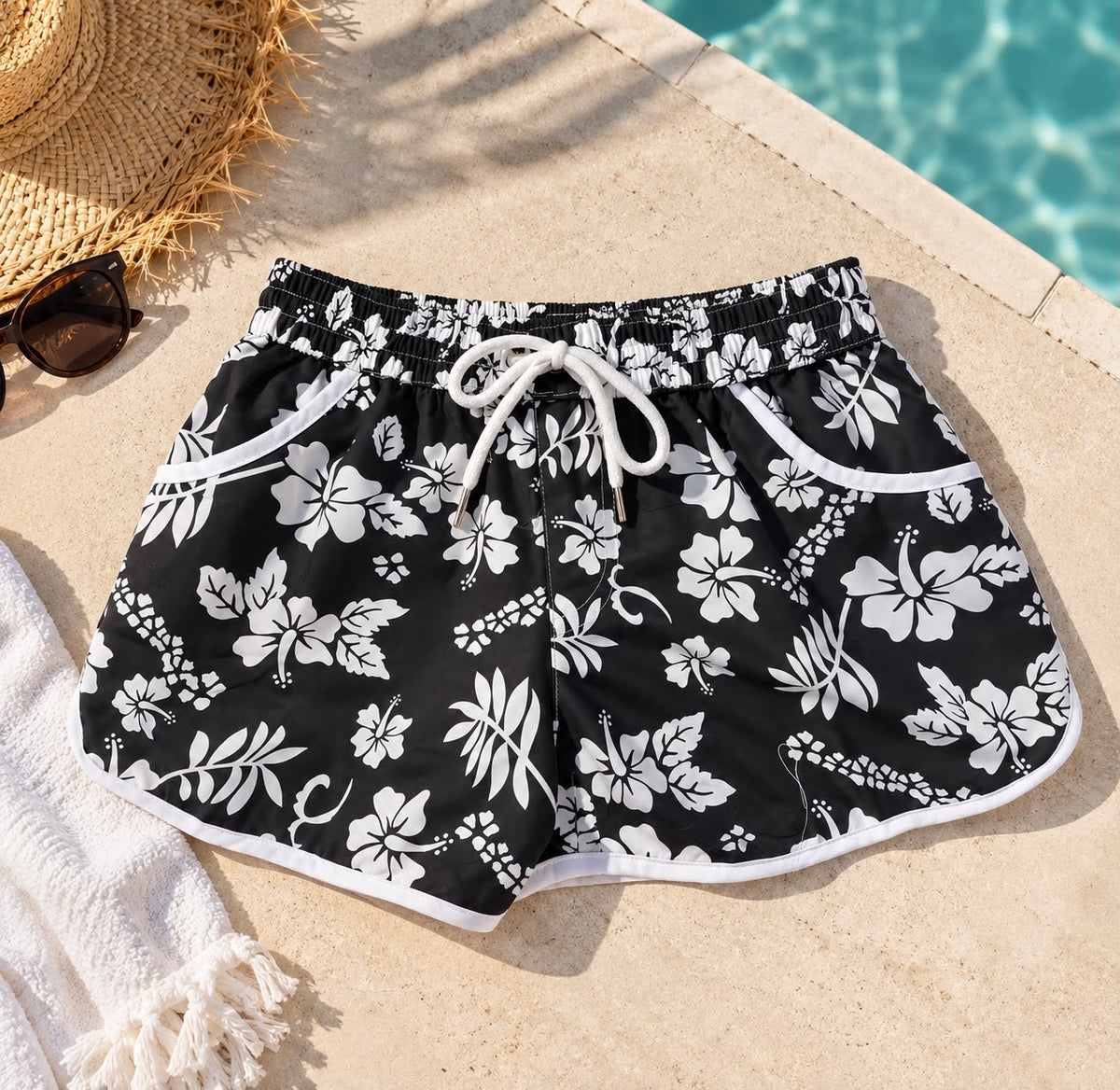 Women’s Hibiscus Print Beach Shorts – Black & White