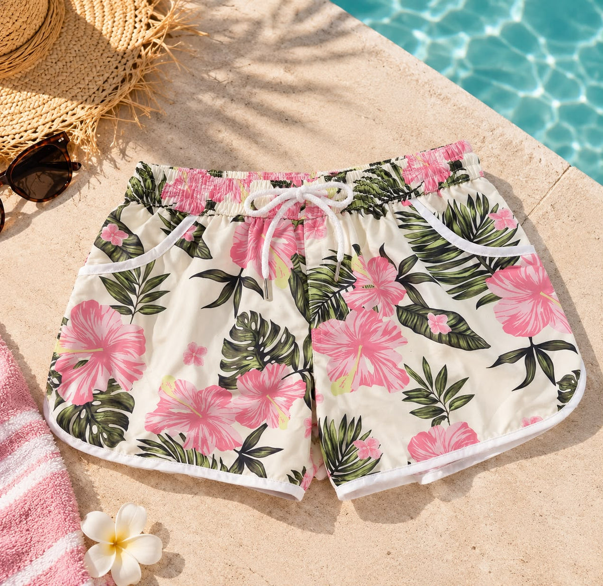 Women’s Hibiscus Print Beach Shorts – Cream & Pink