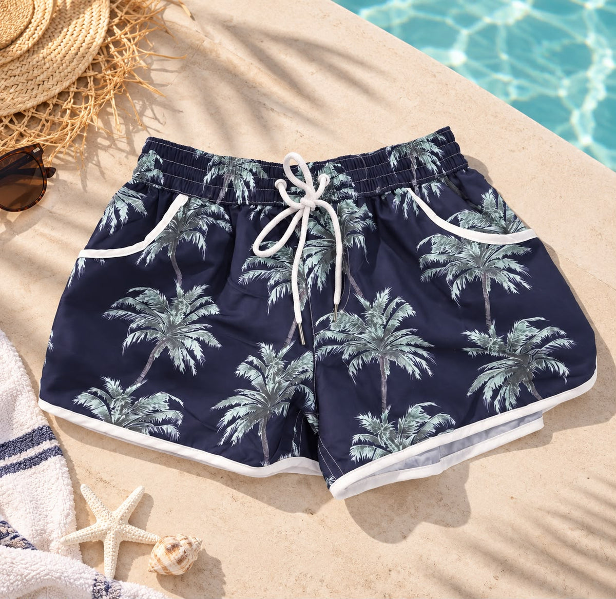 Women's Palm Tree Print Beach Shorts – Navy Blue