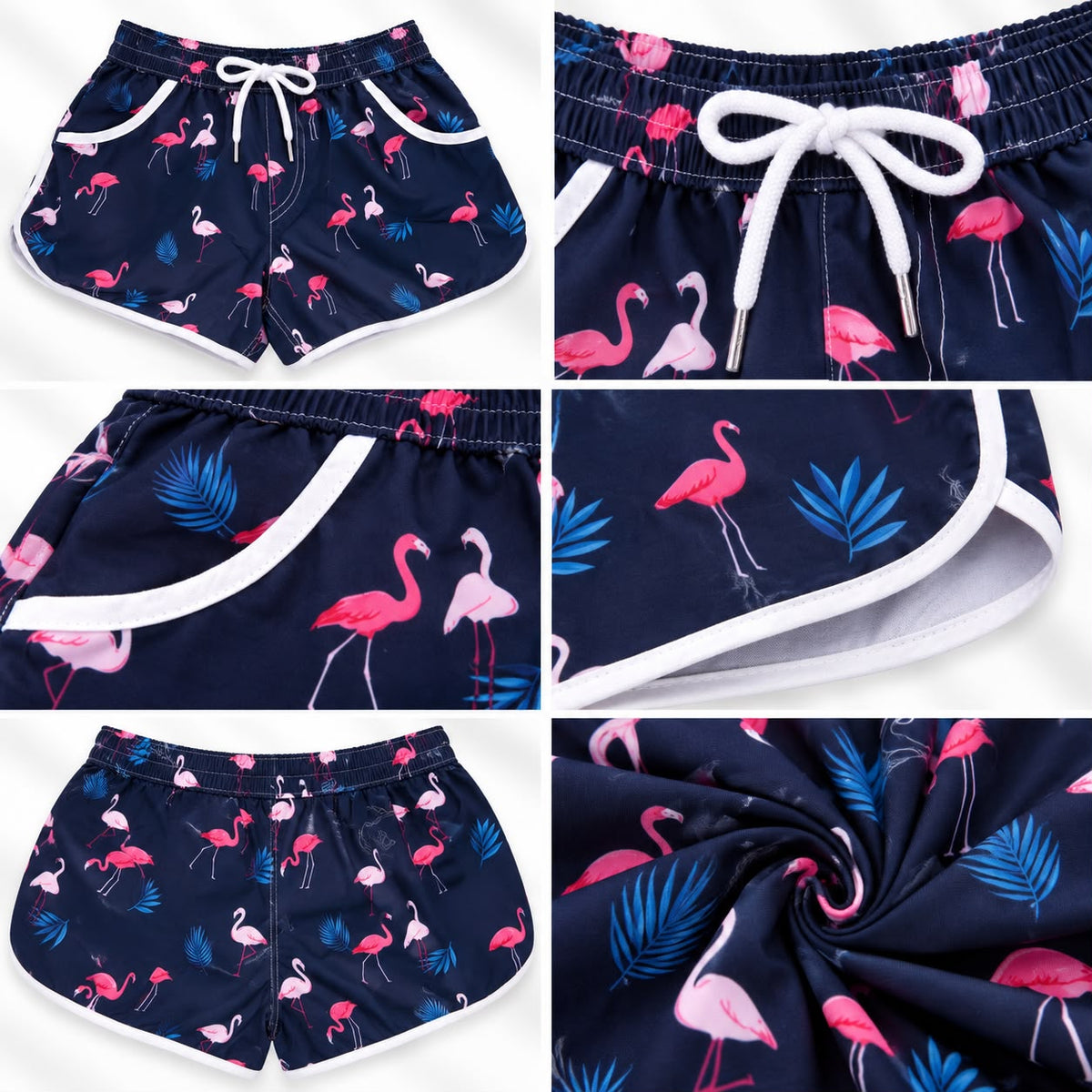 Women's Pink Flamingo Print Beach Shorts – Navy Blue