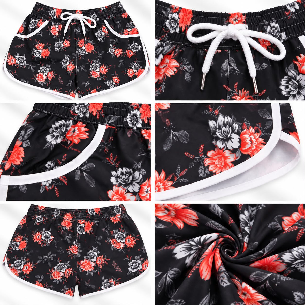 Women's Red & White Floral Beach Shorts – Black