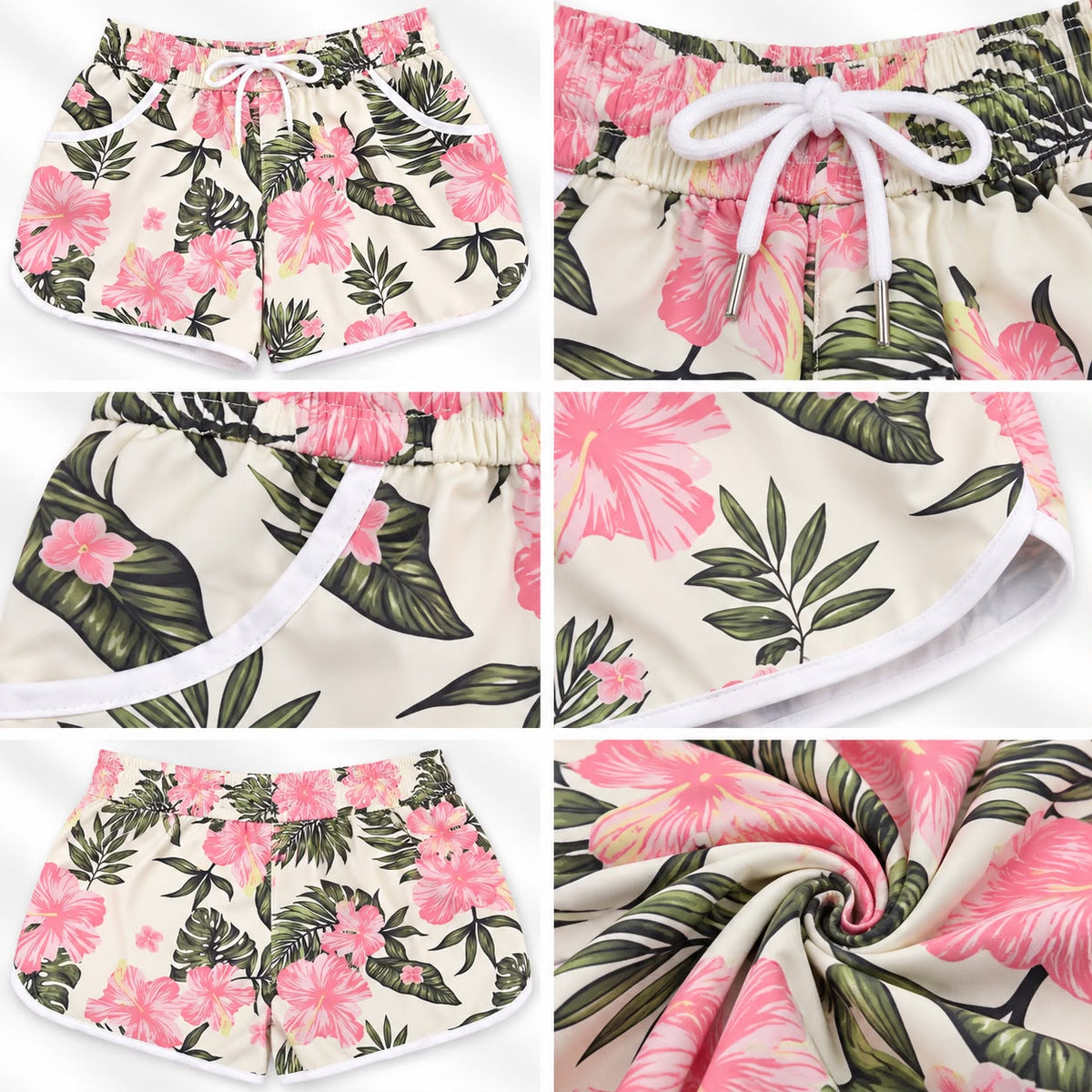 Women’s Hibiscus Print Beach Shorts – Cream & Pink