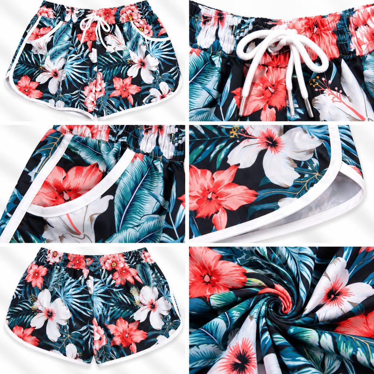 Women’s Tropical Hibiscus Beach Shorts – Navy & Coral