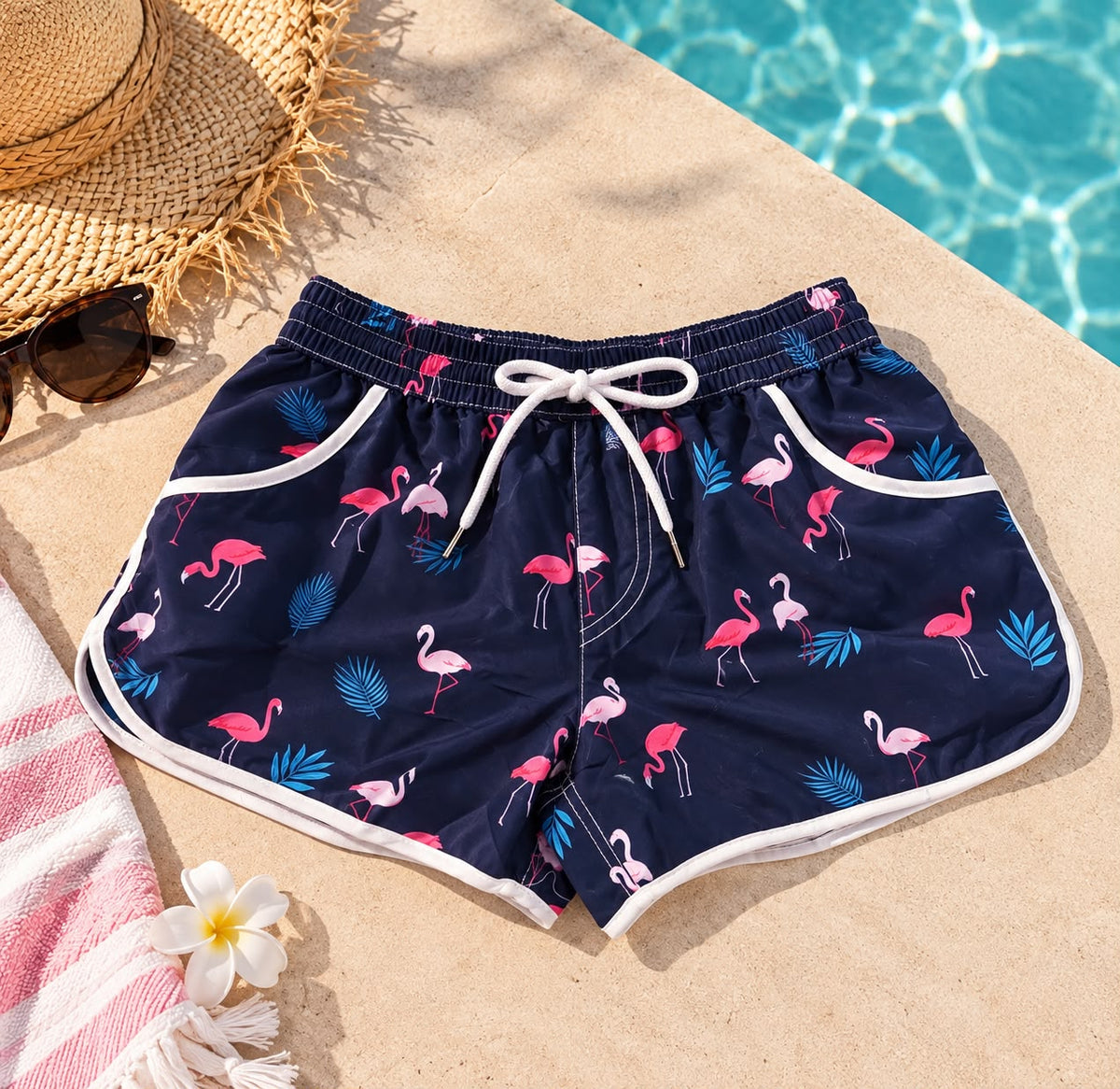 Women's Pink Flamingo Print Beach Shorts – Navy Blue