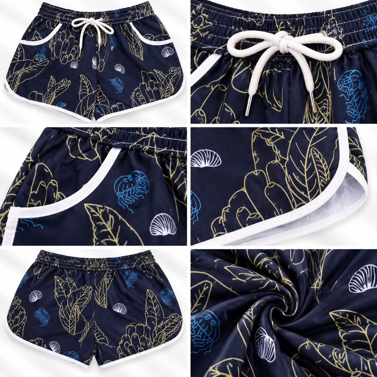 Women’s Ocean & Leaf Print Beach Shorts – Navy