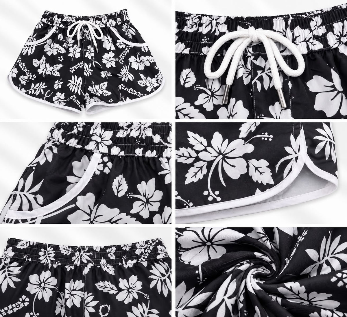 Women’s Hibiscus Print Beach Shorts – Black & White