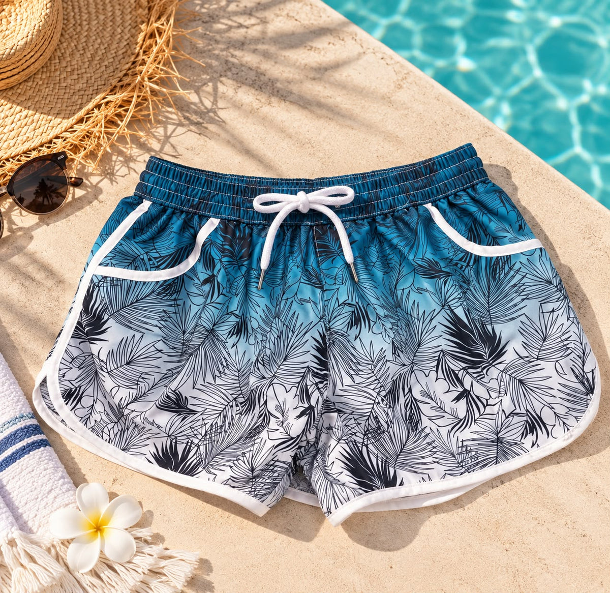 Women’s Tropical Leaf Print Beach Shorts – Blue & White Ombré