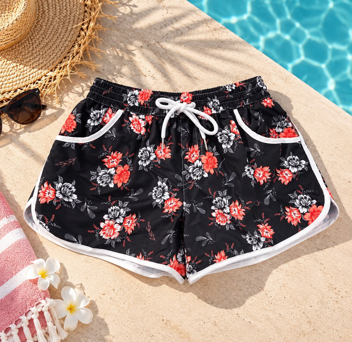 Women's Red & White Floral Beach Shorts – Black
