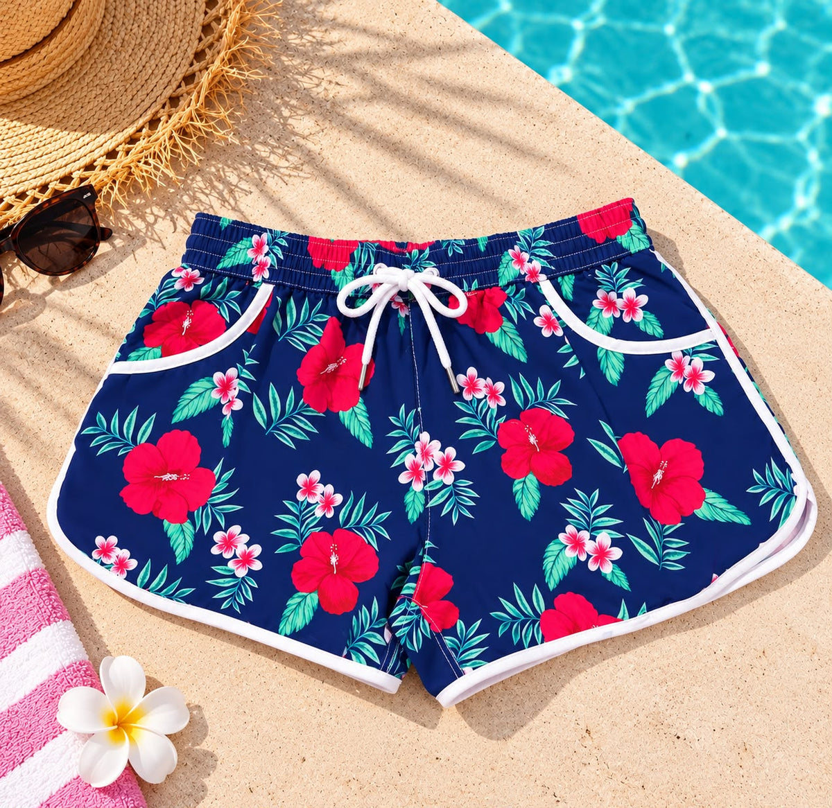 Women’s Hibiscus Print Beach Shorts – Navy & Red