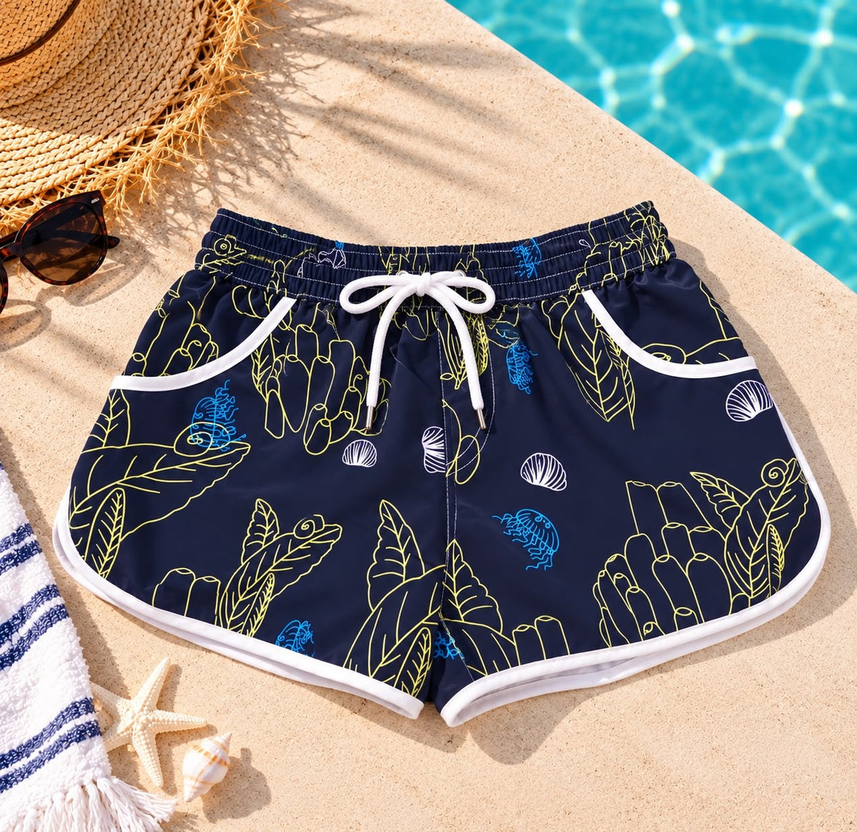 Women’s Ocean & Leaf Print Beach Shorts – Navy