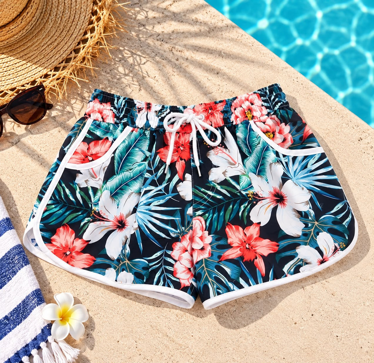 Women’s Tropical Hibiscus Beach Shorts – Navy & Coral