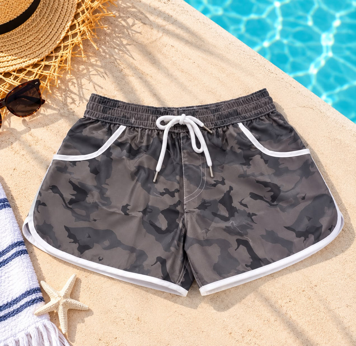 Women's Camo Print Beach Shorts – Grey