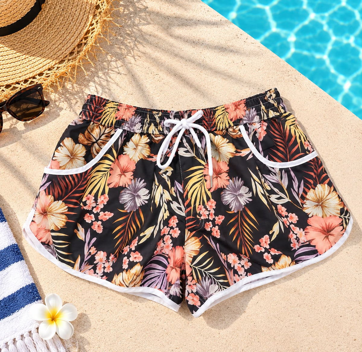 Women’s Tropical Floral Beach Shorts – Black & Multicolor