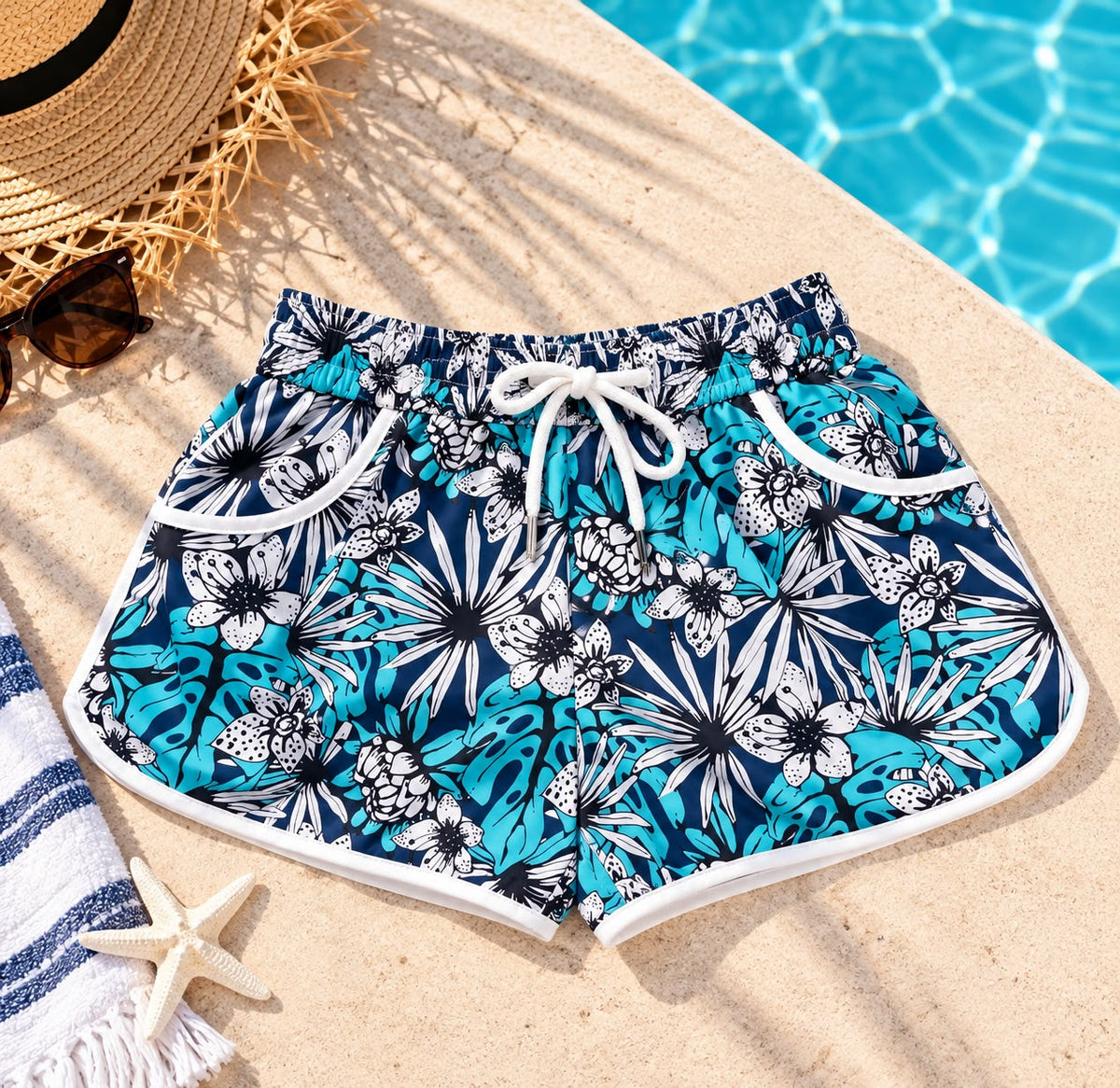 Women’s Tropical Floral Beach Shorts – Navy & Turquoise